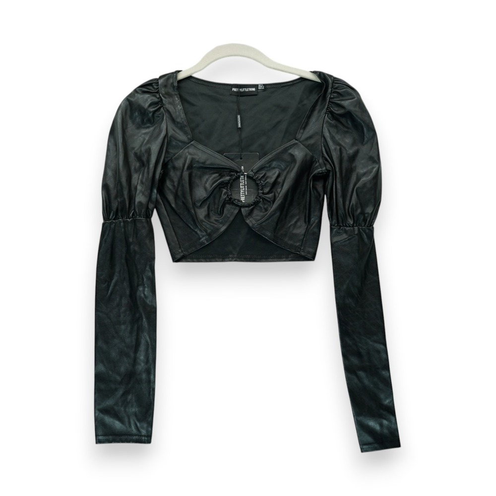 NWT Pretty Little Thing Green Faux Leather‎ Crop Top Long Sleeve Size 2